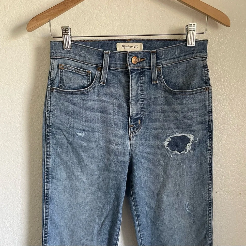 Madewell Slim Straight Crop Jeans Frayed Ankle Hem Distressed Patch K7984